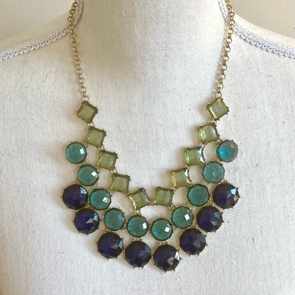 Bib Style Statement Necklace with 3 Rows of Cobalt Blue, Teal & Green Beads